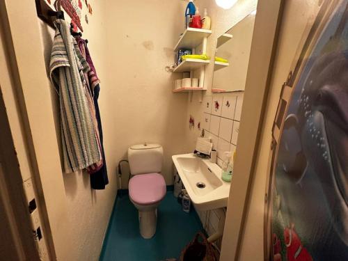Baño pequeño con aseo rosa y lavamanos en Lägenhet för företag lång tid en Ljungaverk