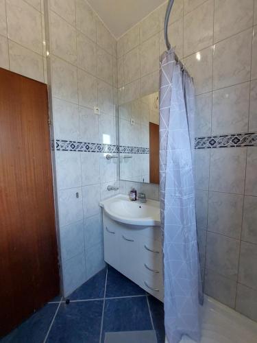 a bathroom with a sink and a shower curtain at Apartments Miletić in Ždrelac