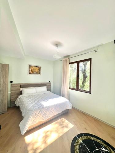 een slaapkamer met een groot bed en een raam bij Hotel KASHTA in Pogradec