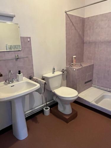 une salle de bain avec toilettes, lavabo et baignoire dans l'établissement Résidence du lévezou, à Salmiech