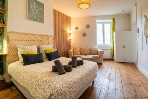een slaapkamer met een bed en een woonkamer bij Le HENDRIX - Studio Hyper Centre in Limoges