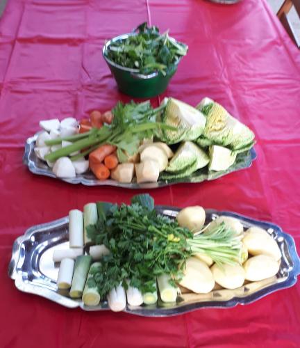 two plates of vegetables on a red table at Domaine Baraque in Pouillon