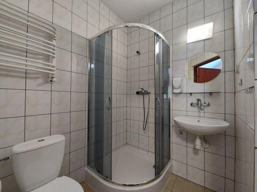 y baño con ducha, aseo y lavamanos. en DW Mieszko en Karpacz