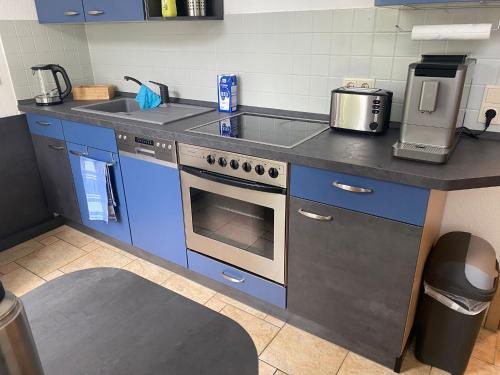 a blue kitchen with a stove and a sink at Appartment Maxi 3 Personen, Zentrale Lage, ruhige Nebenstraße in Dessau