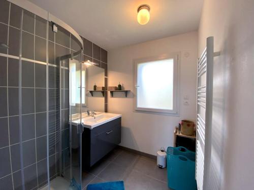 une salle de bain avec un lavabo et une douche en verre dans l'établissement Le Balcon des Roches 5 personnes, à Gérardmer