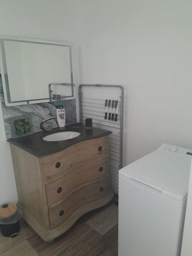 baño con lavabo de madera y nevera en L'Éden de Lisieux, en Lisieux