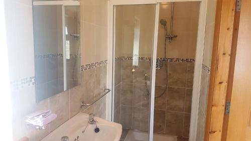 a bathroom with a shower with a tub and a sink at Coral Strand Lodge in Ballyconneely