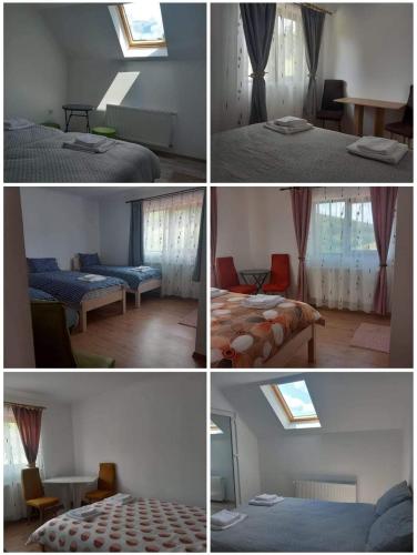 four pictures of a room with two beds and a window at La Lacuri in Sovata