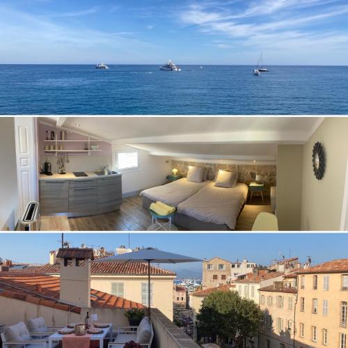 deux photos d'une chambre et d'une vue sur l'océan dans l'établissement Enjoy Antibes, à Antibes