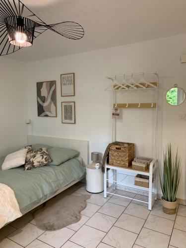 ein Schlafzimmer mit einem Bett und einem Regal in der Unterkunft Le Tortin - studio centré et calme - 2 personnes in Nendaz