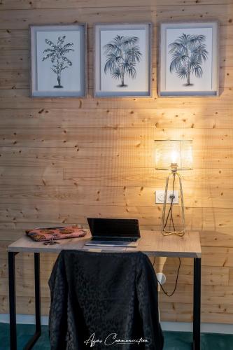 a desk with a laptop on it in a room at Hôtel Karène in Saint-Paul-lès-Romans