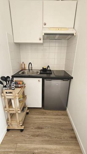 une petite cuisine avec un évier et un comptoir dans l'établissement Studio avec jardin et parking 03, à Villenave-dʼOrnon
