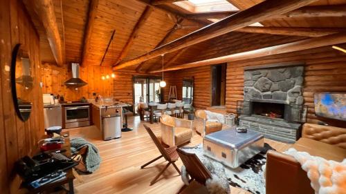 Woodchuck Sanctuary في Roxbury: غرفة معيشة مع موقد حجري في كابينة خشب