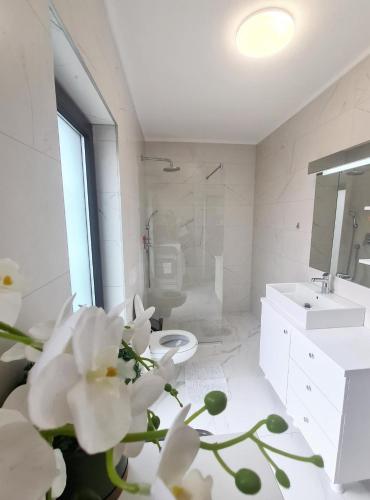 a bathroom with a sink and a toilet and flowers at Apartament Eminescu 2 in Zărneşti