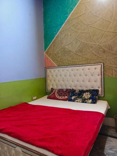 ラホールにあるCity Palace Hotelの赤毛布と緑の壁のベッド