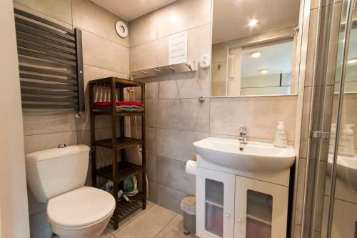 a bathroom with a toilet and a sink and a mirror at Apartament Rekowo in Kamień Pomorski