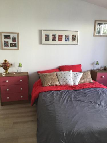 - une chambre avec un lit avec une couverture rouge et 2 commodes dans l'établissement Maison pour 6 pers avec piscine à Bordeaux, à Bègles