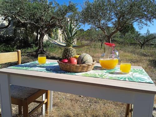 a table with a basket of fruit and two glasses of orange juice at Il tempio sulle isole in Erice