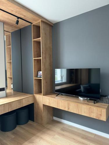 a living room with a flat screen tv at Cathedral Park Modern studio in Chişinău