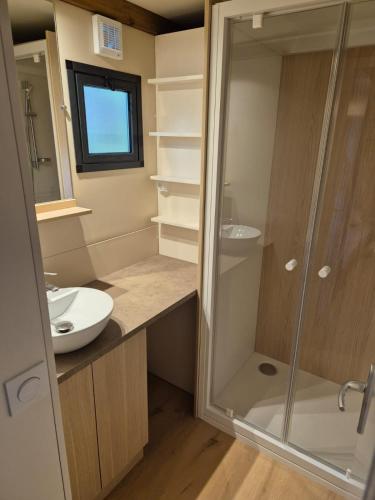 une salle de bain avec une douche, des toilettes et un lavabo dans l'établissement Chalet maisonette dans hameau calme, à Bonifacio