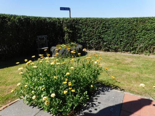 a garden with a table and flowers in the grass at Fewo Storchennest in Kollmar