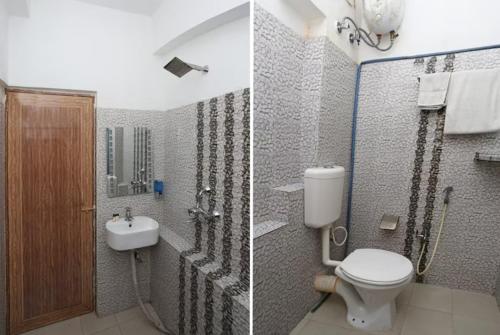 two pictures of a bathroom with a toilet and a sink at Goroomgo White Palace Hotel & Resort New Alipore Kolkata - Fully Air Conditioned in Kolkata
