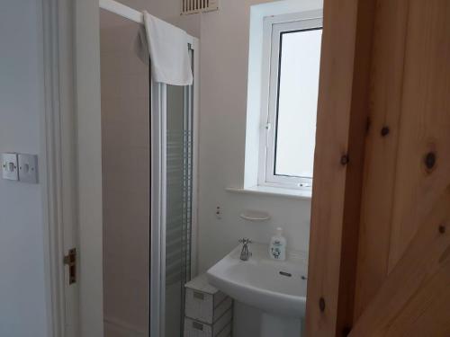 uma casa de banho com um lavatório, um WC e uma janela. em No3 Ballyconneely Cottage em Ballyconneely