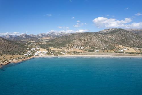 an aerial view of a beach with mountains in the background at MARKOS' HOUSE in Agiassos
