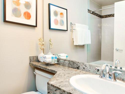 a bathroom with a sink and a toilet and a mirror at West Edmonton Mall Inn in Edmonton