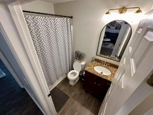 een badkamer met een toilet, een wastafel en een spiegel bij Cozy and Luxury Home in Raleigh