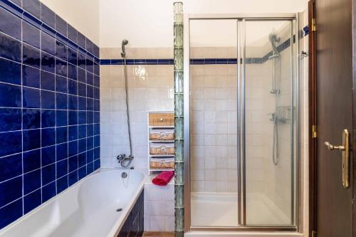 een blauwe betegelde badkamer met een bad en een douche bij Villa Eiras Altas by Portucasa in Corte Vidreiro