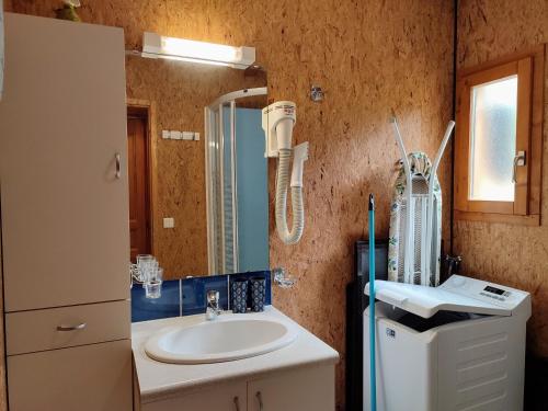 un baño con lavabo y espejo en Cabin No 7 Annecy Lake, en Demi-Quartier