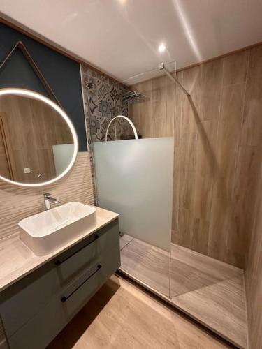 une salle de bain avec un lavabo et une douche dans l'établissement Appartement t3 à 20m de la plage, à Argelès-sur-Mer