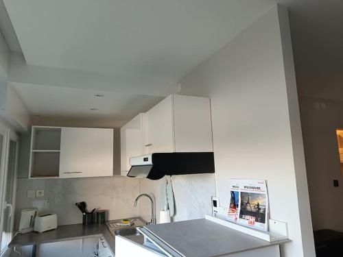 une cuisine avec des armoires blanches et un évier dans l'établissement Appartement proche du centre, à Mulhouse