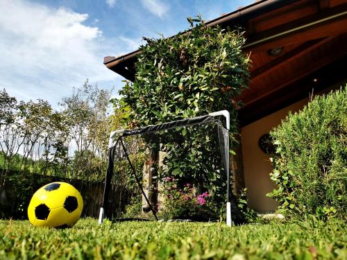 a soccer ball in the grass next to a goal at Villa Dol an ideal spa and wellness escape in Istria in Buzet