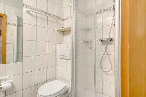 La salle de bains est pourvue d'une douche et de toilettes. dans l'établissement Ferienappartement Waldgenuss, à Sankt Englmar