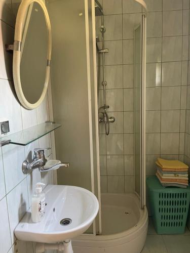 ein Bad mit einem Waschbecken und einer Dusche in der Unterkunft Domek Letniskowy w Krzemiennej in Krzemienna