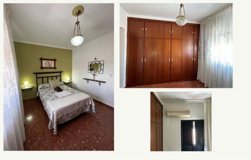 two pictures of a bedroom with a bed and a cabinet at Casa la Torre in Zahara de la Sierra