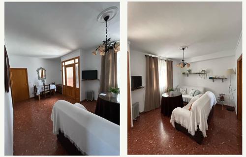 2 fotos de una habitación con cama y sala de estar en Casa la Torre, en Zahara de la Sierra