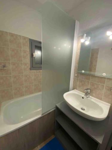 une salle de bain avec un lavabo et une baignoire dans l'établissement Appartement dans chalet Les Deux Alpes, à Les Deux Alpes