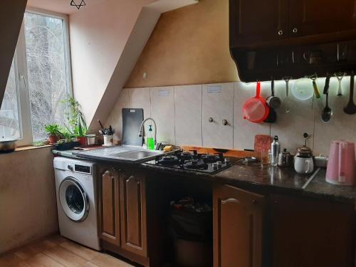 a kitchen with a stove and a washing machine at Everyday Cat Hostel in Batumi