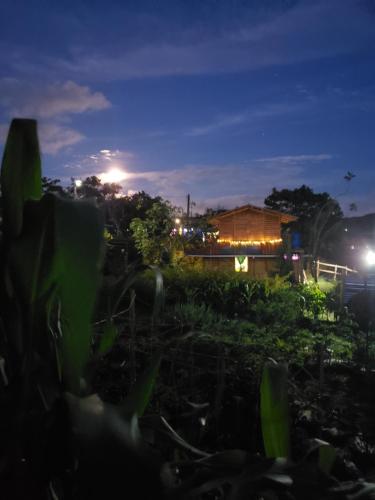 a garden at night with a building in the background at Cabaña sol de oriente in Marinilla