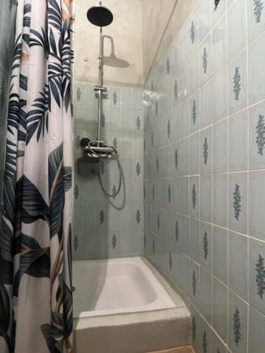 uma casa de banho com um chuveiro com uma banheira e uma cortina de chuveiro em Belle maison Centre Sérignan em Sérignan