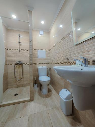 a bathroom with a sink and a toilet and a shower at Family Hotel "Slavianska dusha" - FREE PARKING in Veliko Tŭrnovo