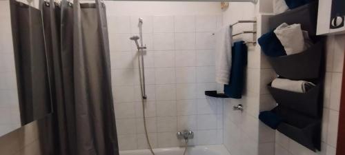 マールにあるgemütliches Apartment in Marl - WG 1のシャワーカーテン付きのシャワー付きバスルーム