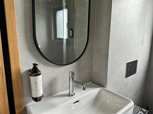 a bathroom sink with a mirror and a bottle of soap at Domki Piwniczna in Piwniczna