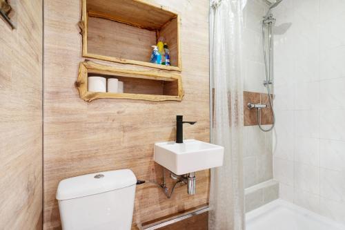 a bathroom with a toilet and a sink and a shower at Einzimmerwohnung im Haupthaus in Ruhland