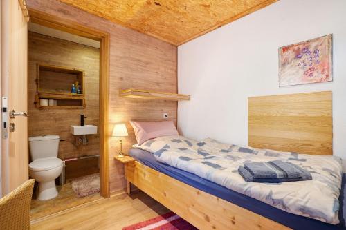 a small bedroom with a bed and a toilet at Einzimmerwohnung im Haupthaus in Ruhland