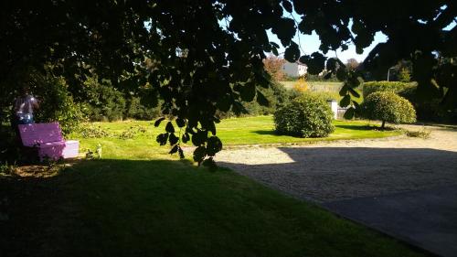 a park with a purple bench in the grass at Moor House in Kilmuckridge