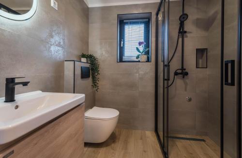 Apartment Niko في بولا: حمام مع دش ومرحاض ومغسلة